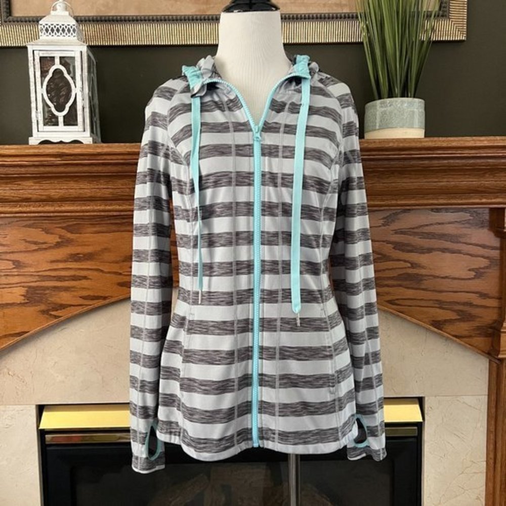 Lukka Women's Gray Striped Full‎ Zip Athletic Hoodie Jacket Sz. M
